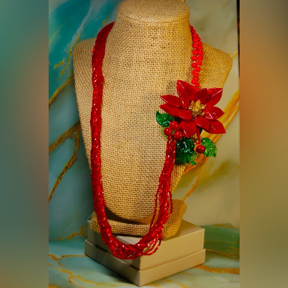 Alla Volta Italian Murano glass holiday Torsade necklace red poinsettia 19”